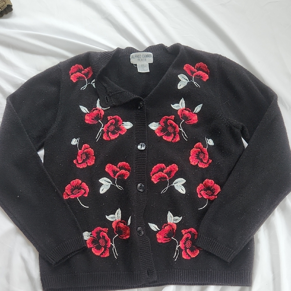 Alfred Dunner Black Cardigan with Red Floral Design